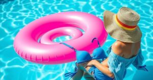 Sun-kissed poolside scene featuring vibrant lilo, blue bikini and summer accessories against a sunny background.