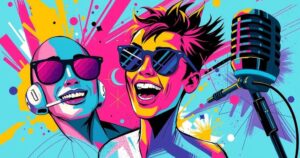 A vibrant scene depicting lively celebrity reactions, abstracts of sunglasses, microphones, and a sparkling background.