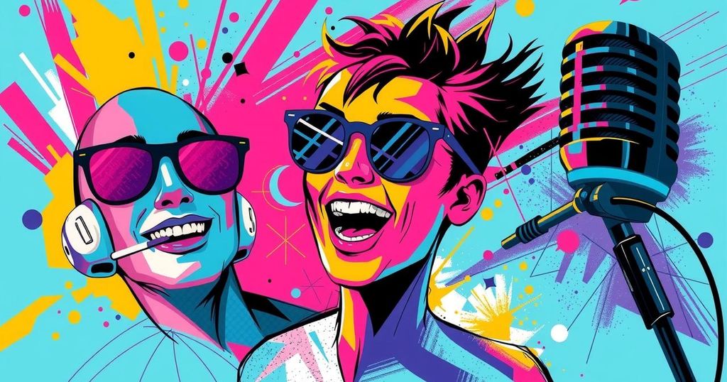 A vibrant scene depicting lively celebrity reactions, abstracts of sunglasses, microphones, and a sparkling background.