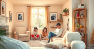 A serene scene of a welcoming home filled with warmth and soft light, symbolising motherhood and family love.
