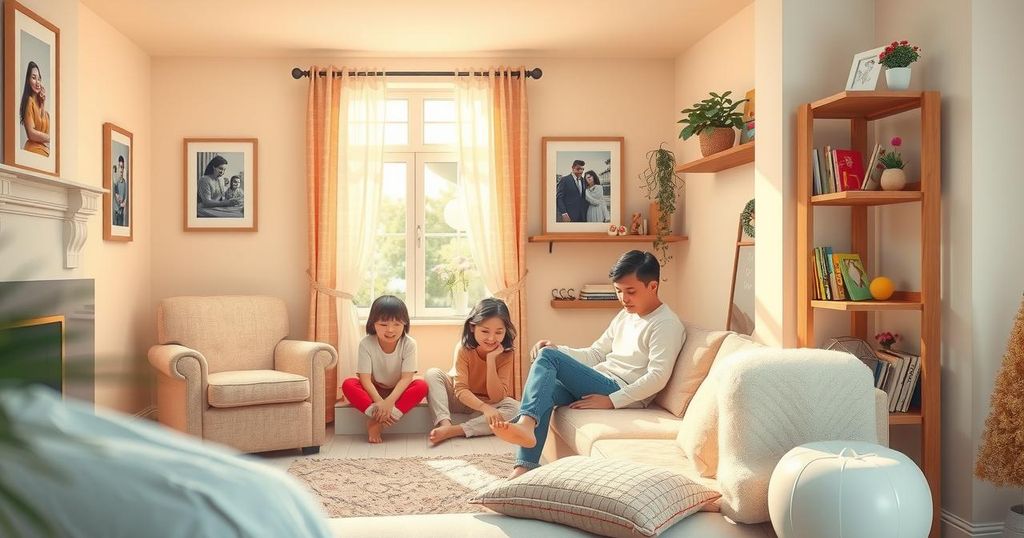 A serene scene of a welcoming home filled with warmth and soft light, symbolising motherhood and family love.