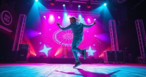 A joyful scene of a performer energetically skipping on stage, vibrant lights and an audience in a concert setting.