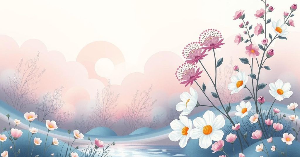 A serene and whimsical tribute to a beloved actress, featuring soft pastels and floral elements in a vintage style.