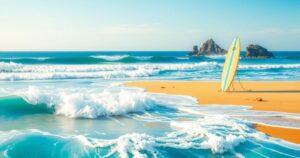A serene seaside scene featuring vibrant waves crashing on golden sands during family bonding.