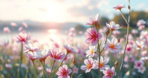A serene landscape with soft pastel colours, featuring blooming flowers and a tranquil lake, evoking harmony and love.