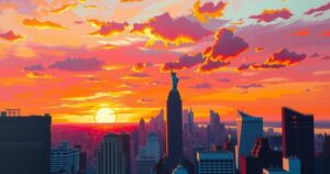 A nostalgic New York City skyline with iconic buildings, under a sunset glow with warm hues, reflecting young dreams.