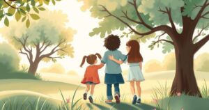 Friends supporting each other during challenging times in a serene outdoor setting with nature in soft hues.