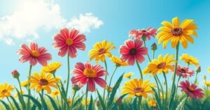 A vibrant summer landscape symbolizing freedom and happiness with colourful flowers and a clear blue sky.