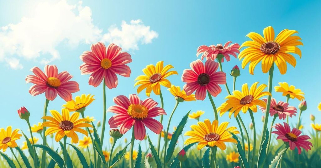 A vibrant summer landscape symbolizing freedom and happiness with colourful flowers and a clear blue sky.