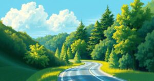A serene landscape featuring a winding road through a lush forest under a clear blue sky, symbolizing new beginnings.