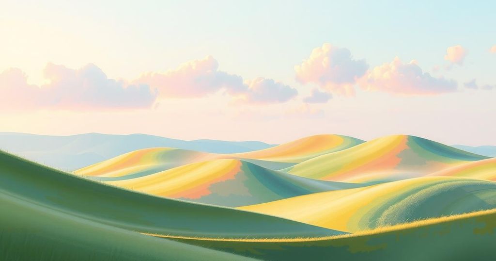 A serene landscape reflecting new beginnings, featuring soft pastel colours and gentle brush strokes.