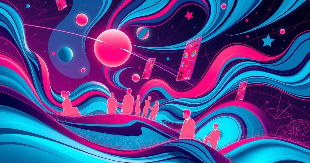 Conceptual illustration of AI-generated chaos in celebrity culture, depicting a digital landscape with abstract celebrity icons.