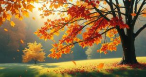A serene landscape with autumn leaves, symbolising change and transition in relationships, captured in warm hues.