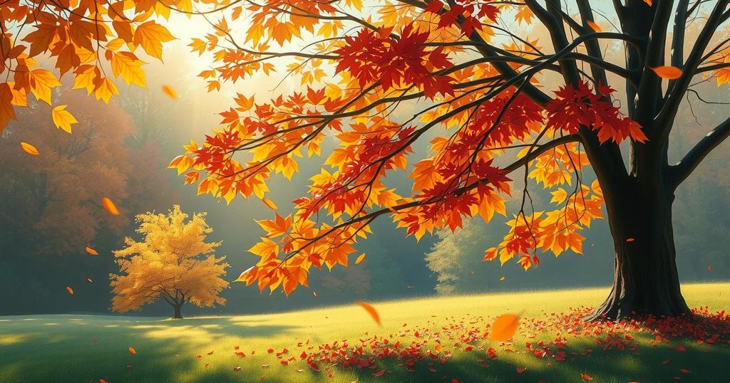 A serene landscape with autumn leaves, symbolising change and transition in relationships, captured in warm hues.