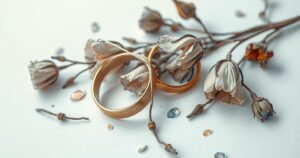 A collage of broken wedding rings symbolising relationships ending, set against a muted colour palette.