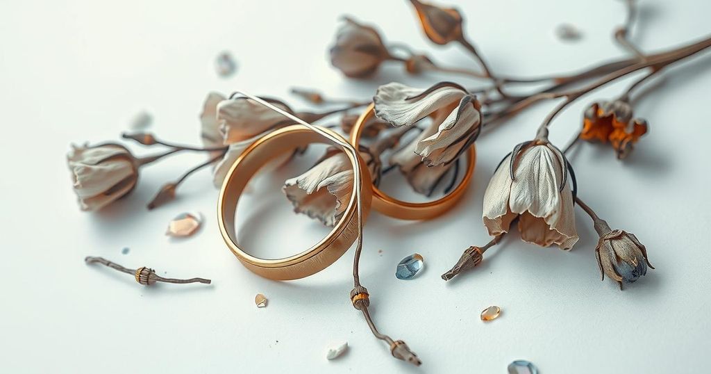A collage of broken wedding rings symbolising relationships ending, set against a muted colour palette.