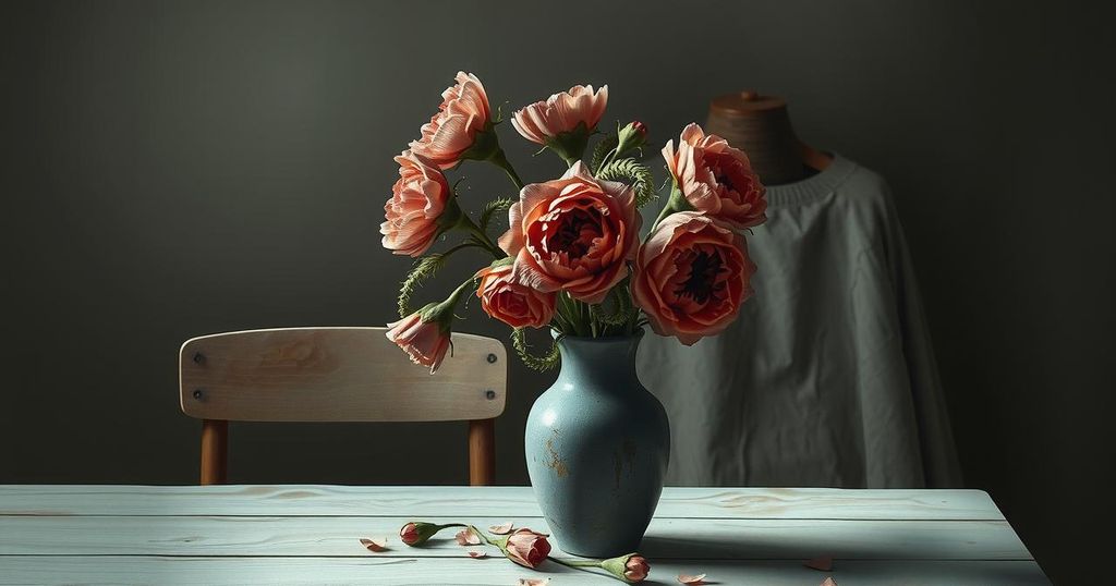 A couple's strained relationship represented by a wilting flower vase inside a dimly lit room.