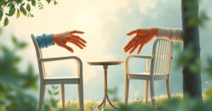A couple communicating with their hands in a serene setting, symbolizing reconciliation and understanding in relationships.