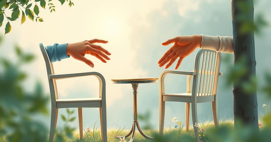 A couple communicating with their hands in a serene setting, symbolizing reconciliation and understanding in relationships.