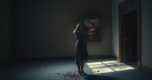 A moody scene of an empty room with a faded portrait on the wall, symbolizing loss and betrayal in relationships.