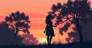 A serene sunset scene with silhouettes of a couple holding hands, surrounded by beautiful trees, symbolizing love.