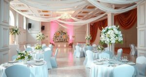 An elegant wedding venue set up with white flowers and decorative details, symbolizing cancelled wedding plans.