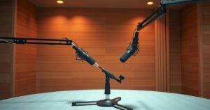 A serene view of a podcast studio with microphones and cosy lighting, symbolizing conversation and storytelling.