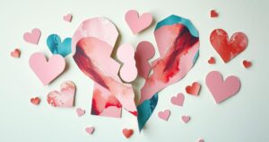 Abstract collage of broken hearts, artistic style with pastel colour scheme representing emotional journeys of separation.
