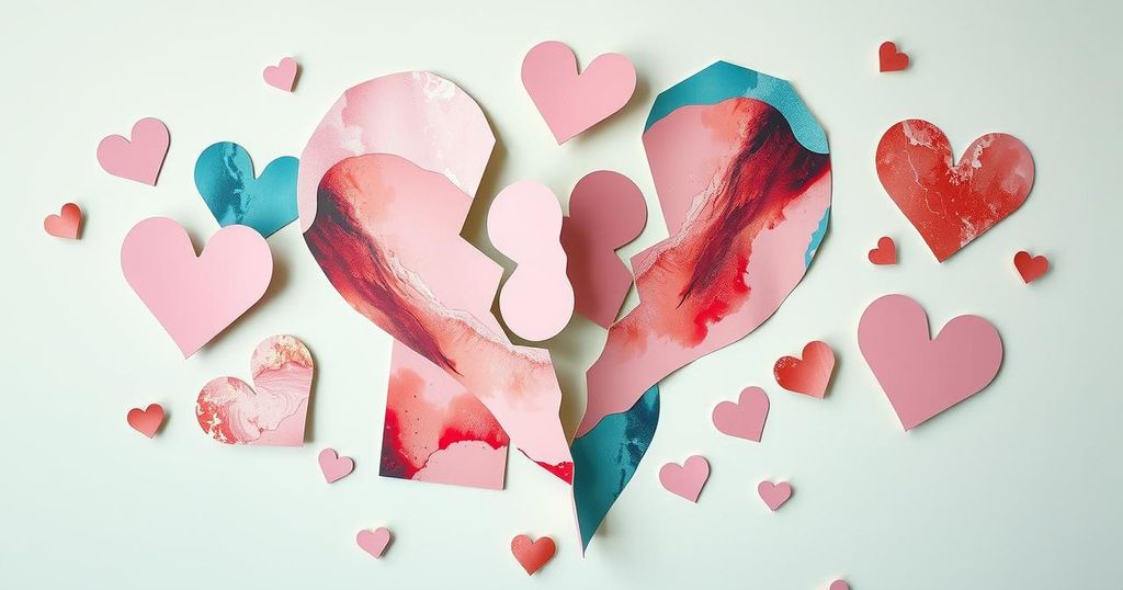 Abstract collage of broken hearts, artistic style with pastel colour scheme representing emotional journeys of separation.