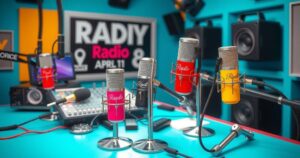 A vibrant radio studio with colourful microphones, reflecting a sense of creativity and a new beginning in broadcasting.