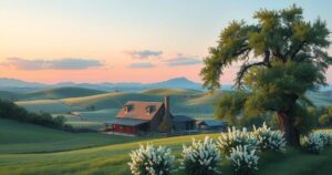 A serene rural landscape with a tranquil farm setting, lush greenery, and a peaceful atmosphere reflecting a quiet life.