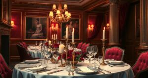 A luxurious dining scene with elegant table settings, featuring warm candlelight and opulent decorations in a rich colour palette.