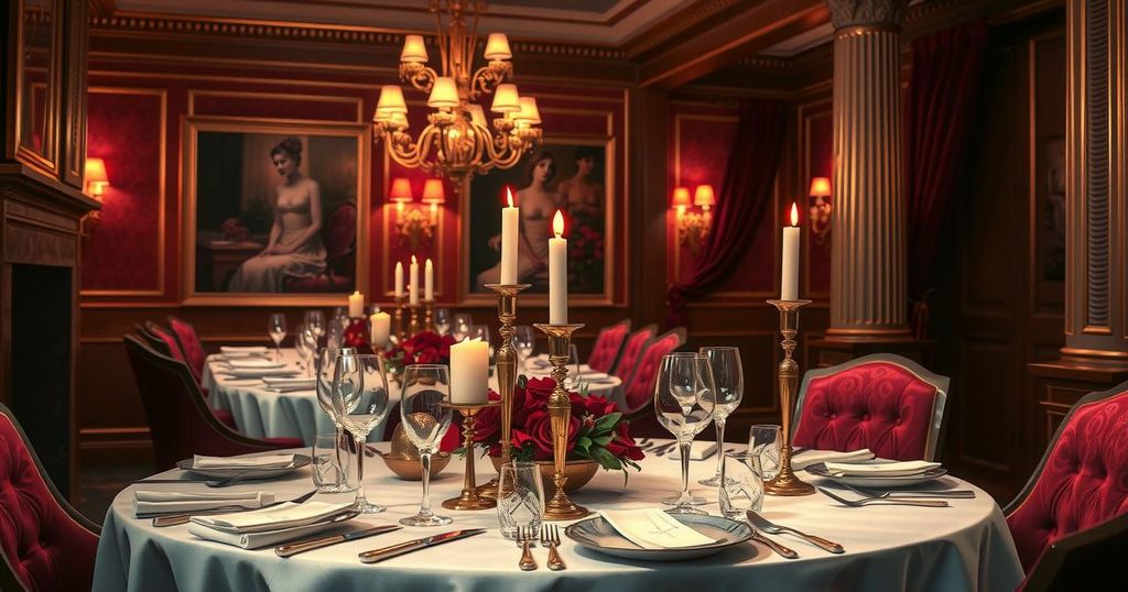 A luxurious dining scene with elegant table settings, featuring warm candlelight and opulent decorations in a rich colour palette.