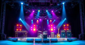 A concert stage featuring musical instruments and equipment illuminated by vibrant lights in a night sky.