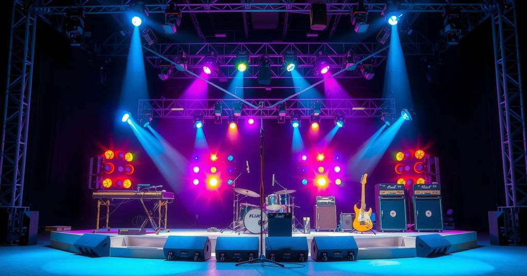A concert stage featuring musical instruments and equipment illuminated by vibrant lights in a night sky.