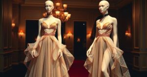 Red carpet scene featuring two identical glamorous sheer gold dresses on mannequins, elegant background, warm lighting.