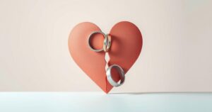 A serene backdrop highlighting a broken heart symbol intertwined with intertwined wedding rings in soft pastels.
