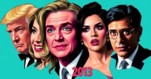 A colourful collage of celebrity scandal moments featuring vibrant hues and dynamic graphics.