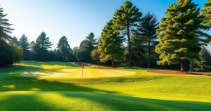 A vivid scene of a peaceful golf course in Ontario with green grass and trees under a bright blue sky.