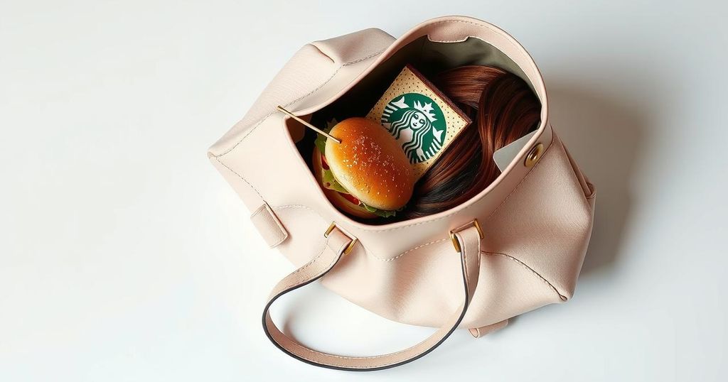 A trendy handbag with a sandwich and hair extensions, set against a simple background, showcasing casual lifestyle.