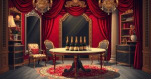 A lavish dressing room with champagne bottles and theatrical decor, reflecting opulence and grandeur in a vibrant colour scheme.