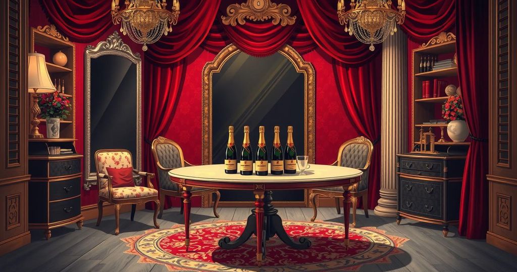 A lavish dressing room with champagne bottles and theatrical decor, reflecting opulence and grandeur in a vibrant colour scheme.