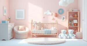 A serene nursery with pastel colours, featuring plush toys and a crib, symbolising new beginnings and joy.