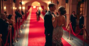 Couple enjoying a date night on the red carpet in elegant outfits at a glamorous venue with soft lighting.