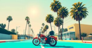 A digital artwork of a vibrant California landscape with palm trees and a motorcycle, symbolizing freedom and choice.