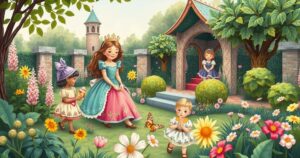 A vibrant illustration depicting royal family moments with children playing in a garden, surrounded by greenery and flowers.