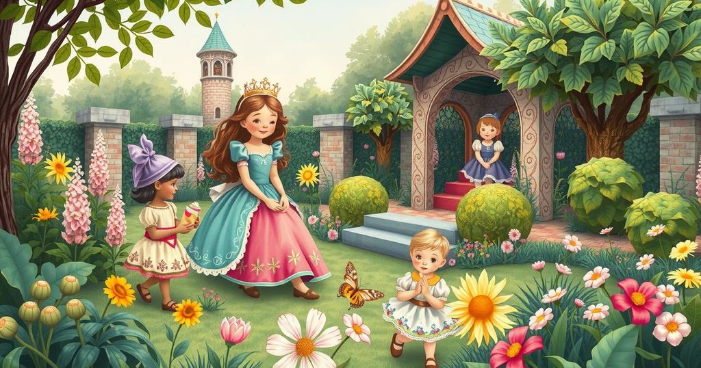 A vibrant illustration depicting royal family moments with children playing in a garden, surrounded by greenery and flowers.