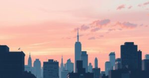 A tranquil New York City skyline at dusk, with soft peach and lavender hues blending in the sky.