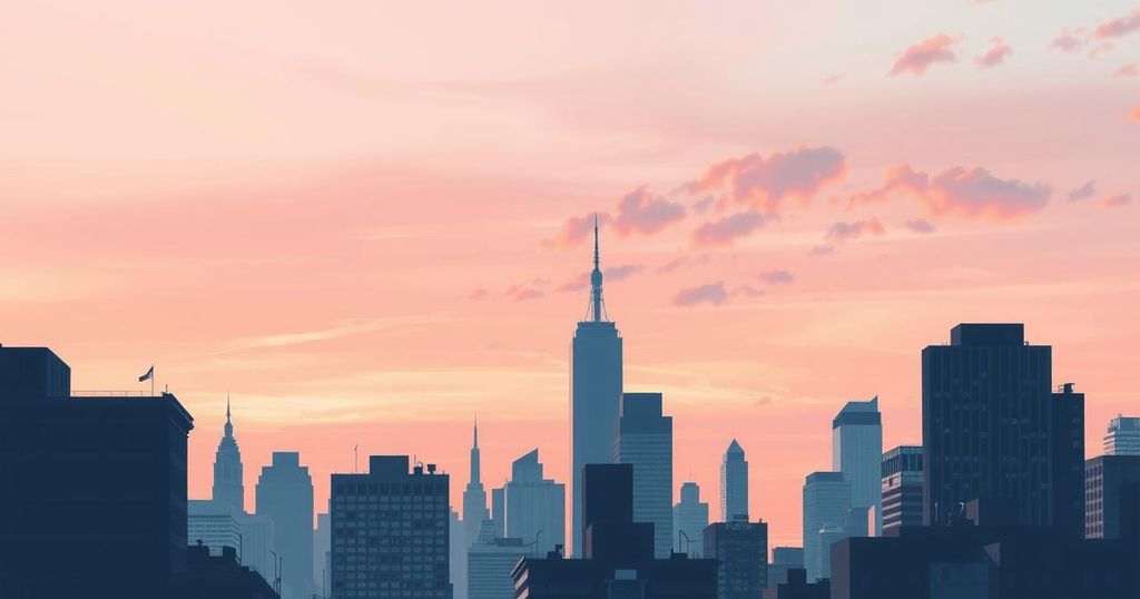 A tranquil New York City skyline at dusk, with soft peach and lavender hues blending in the sky.