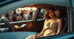 A stylish tan dress in a luxury car setting with paparazzi reflections, conveying intrigue and attention.